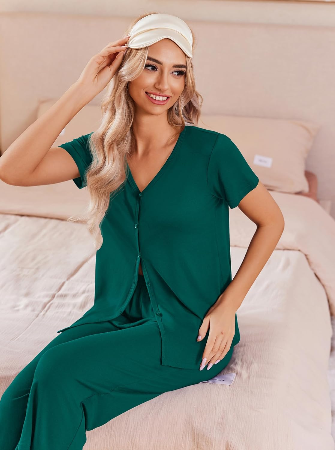 Green pajama set with button-front V-neck top and capri pants