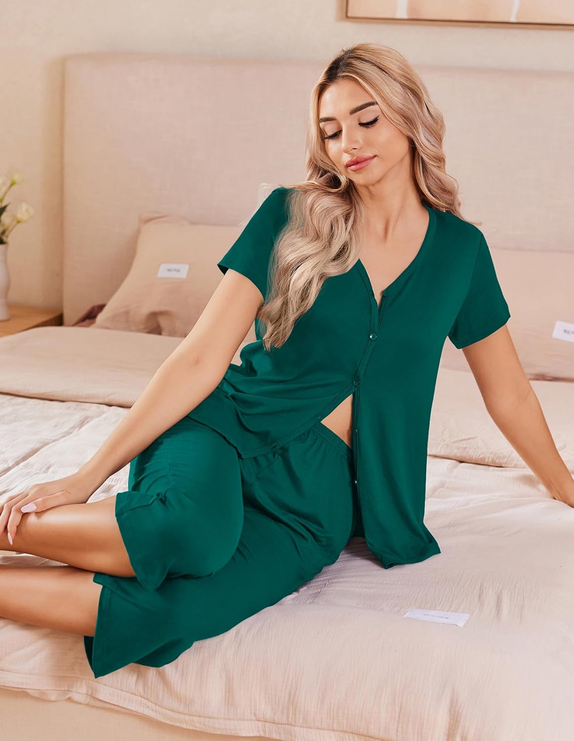 Teal green button-up pajama set with matching capri pants, short sleeves, front buttons