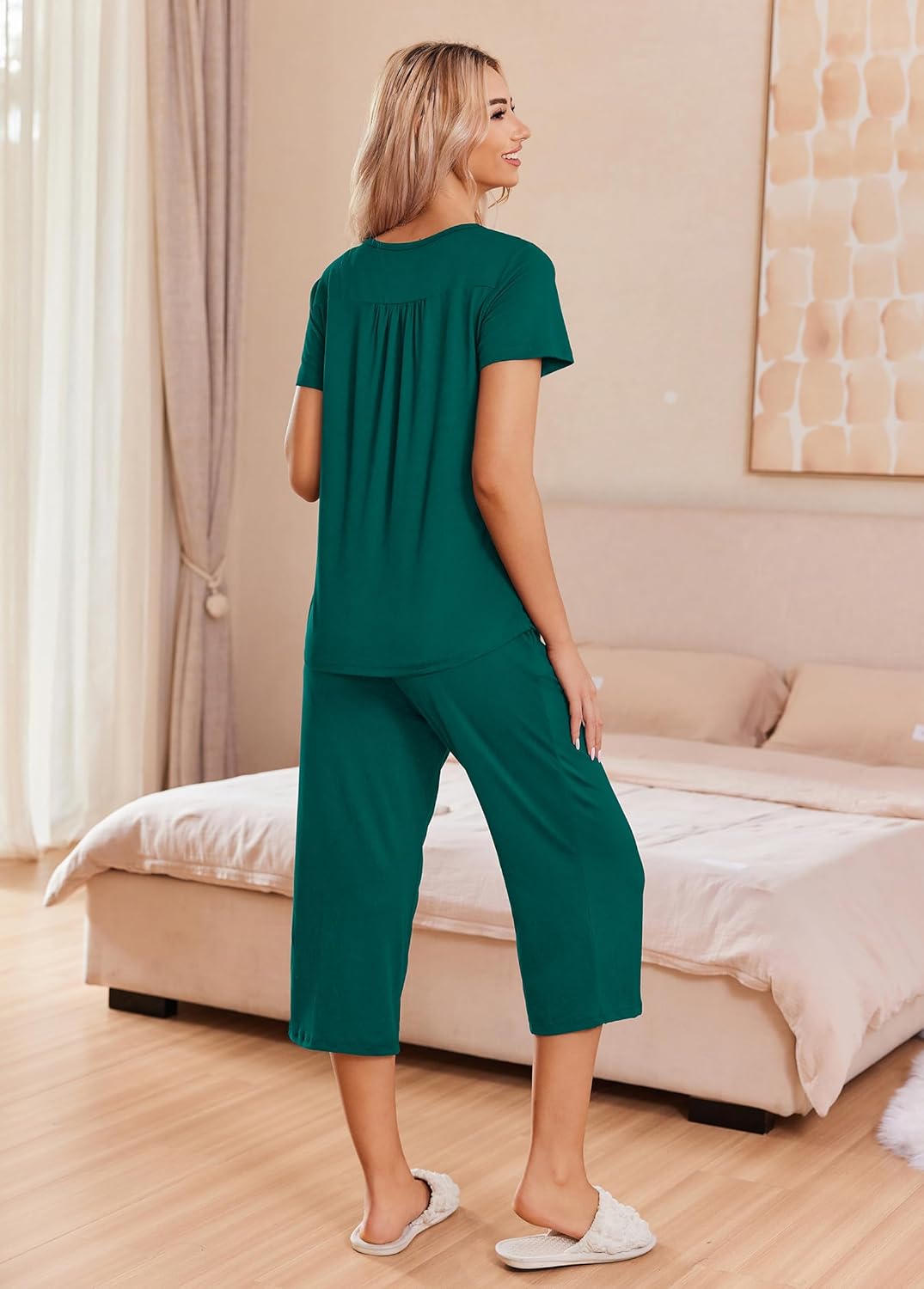 Green pajama set with button-front short-sleeve top and capri pants, rear