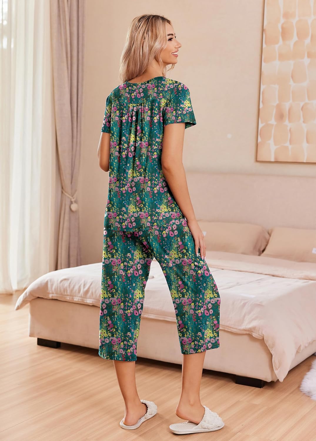 Floral button-front pajama set with capri pants, dark green floral print