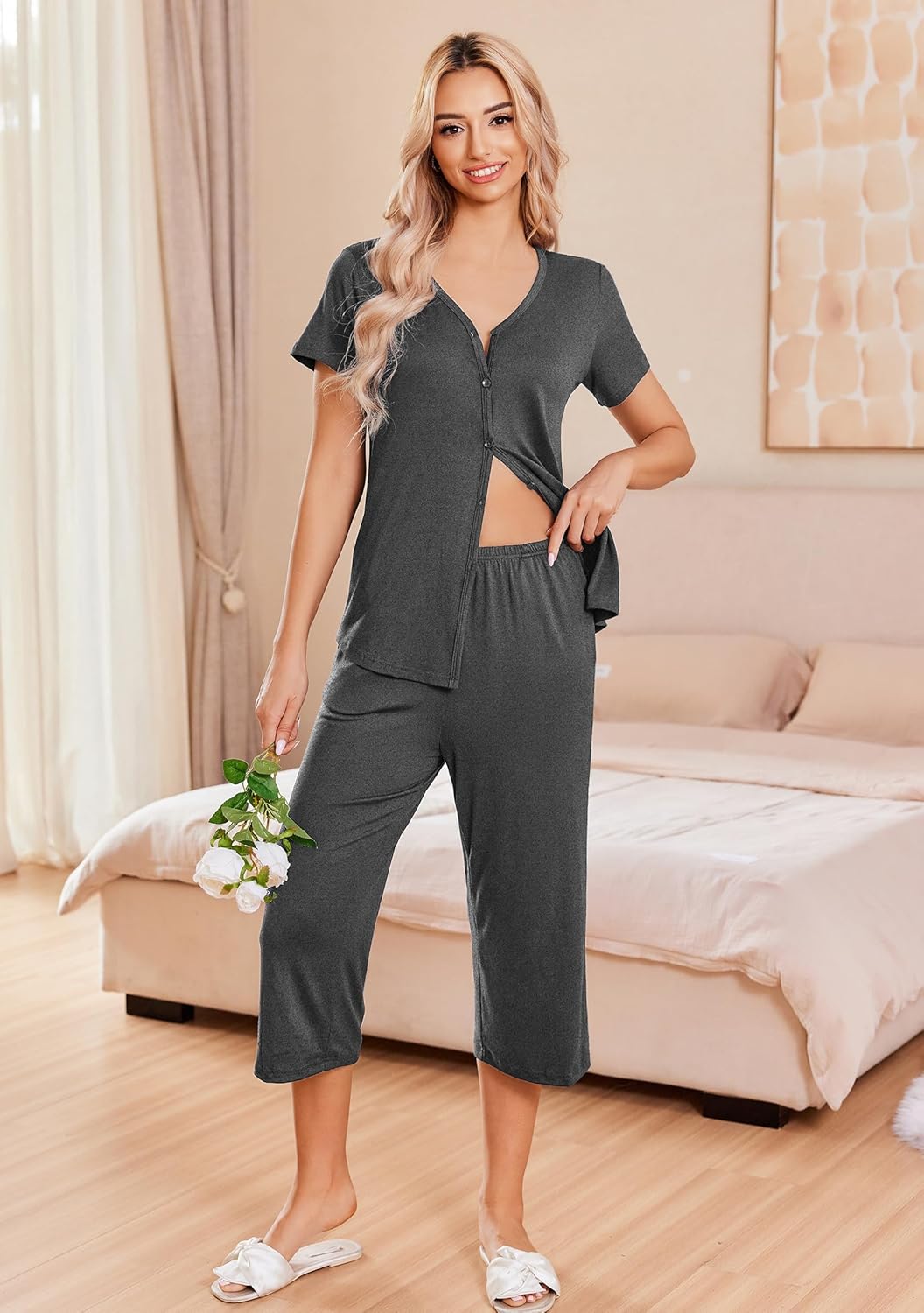 Dark gray button-up pajama top and capri pants set, short sleeves with front buttons