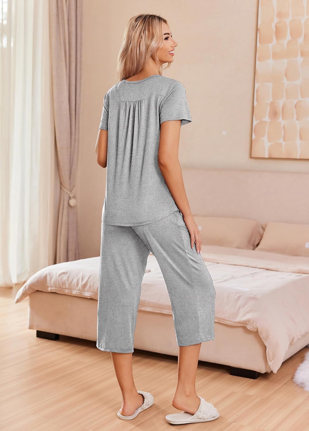 Light gray pajama set with short-sleeve button top and capri-length pants