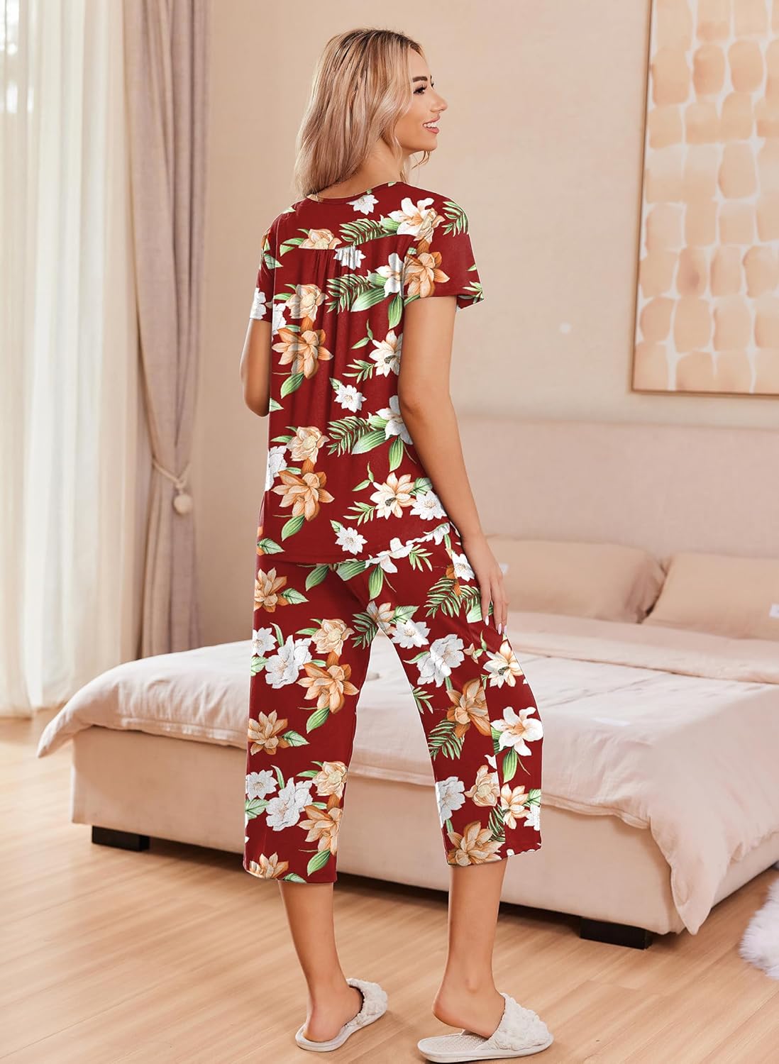 Floral button-front pajama set with capri pants, red and white print