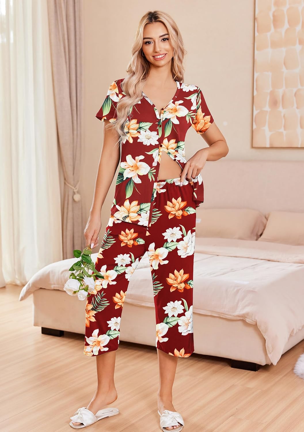 Red floral button-up pajama set with short sleeves and capri pants