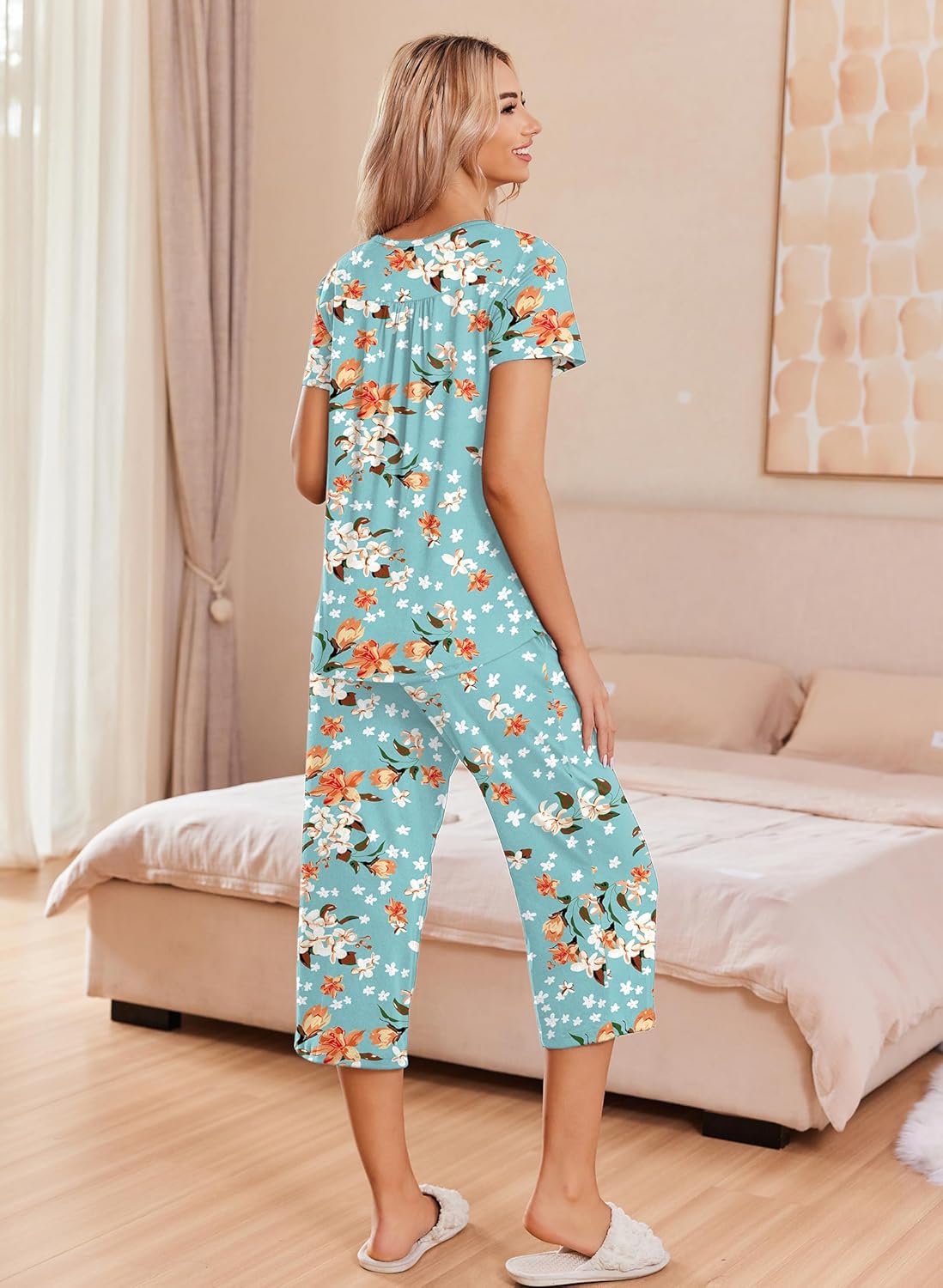 Floral button-front pajama set with capri pants, teal and multicolor print