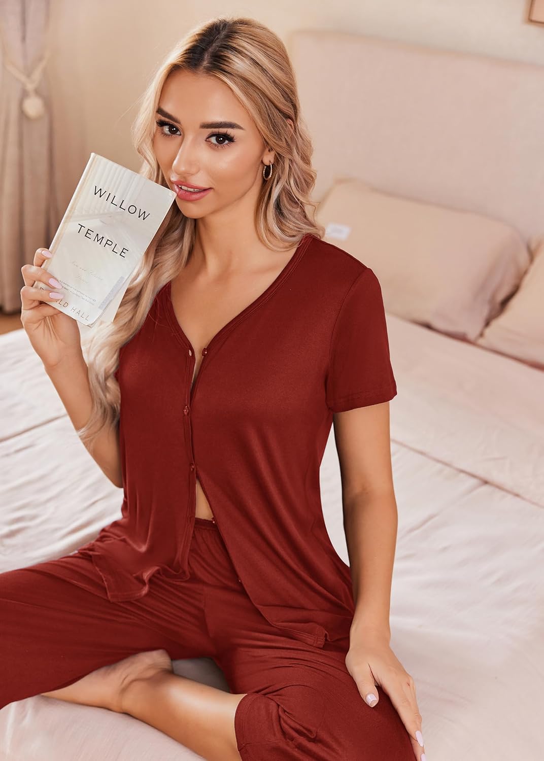 Wine red button-up pajama set with matching capri pants, short sleeves, close-up