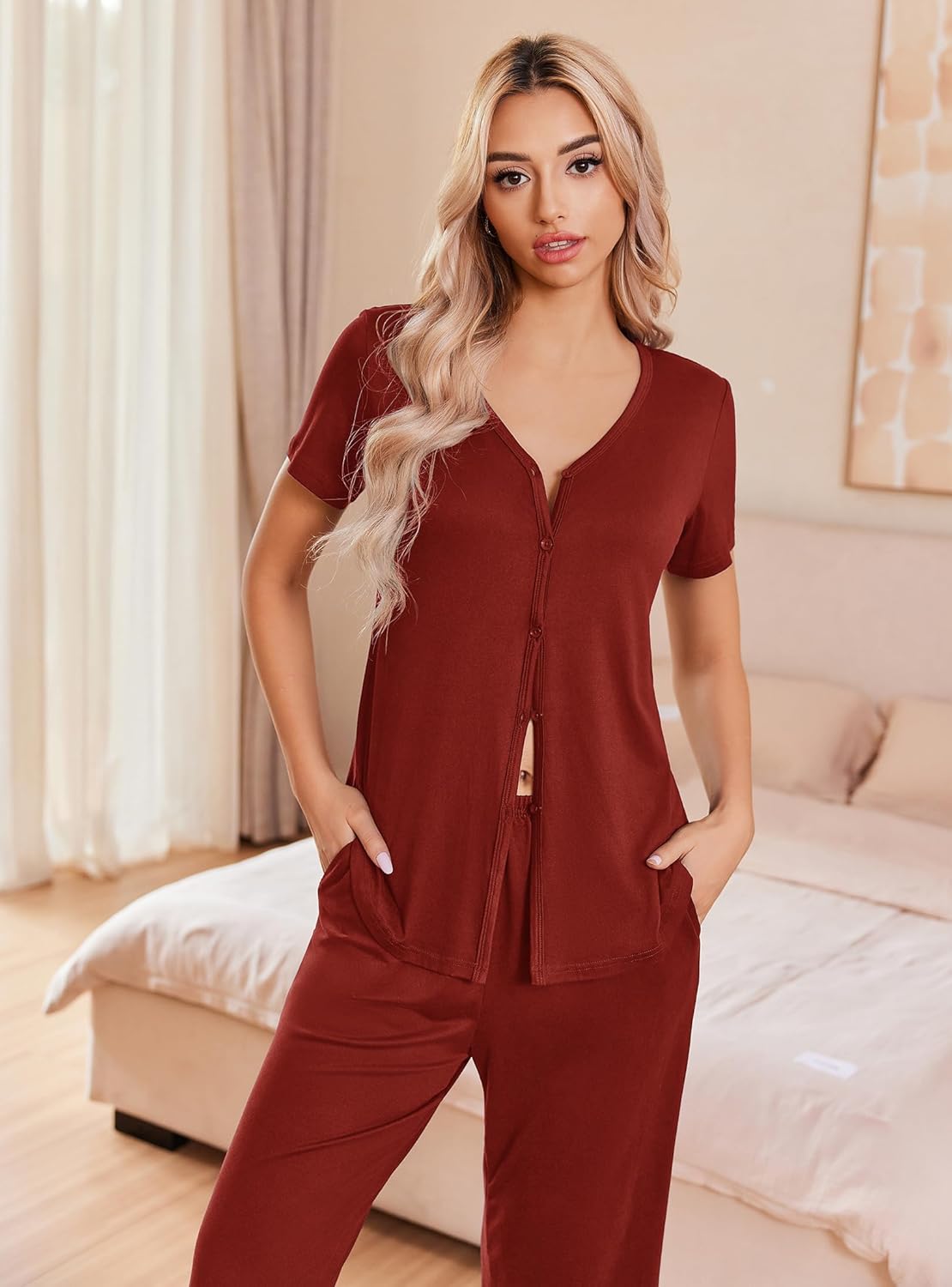 Wine red button-up pajama set with matching capri pants, short sleeves, front view
