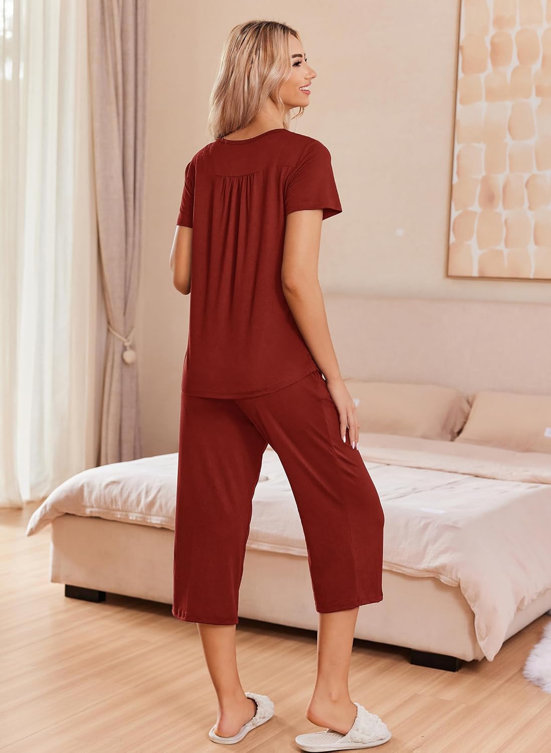 Wine red button-up pajama set with matching capri pants, short sleeves, back view