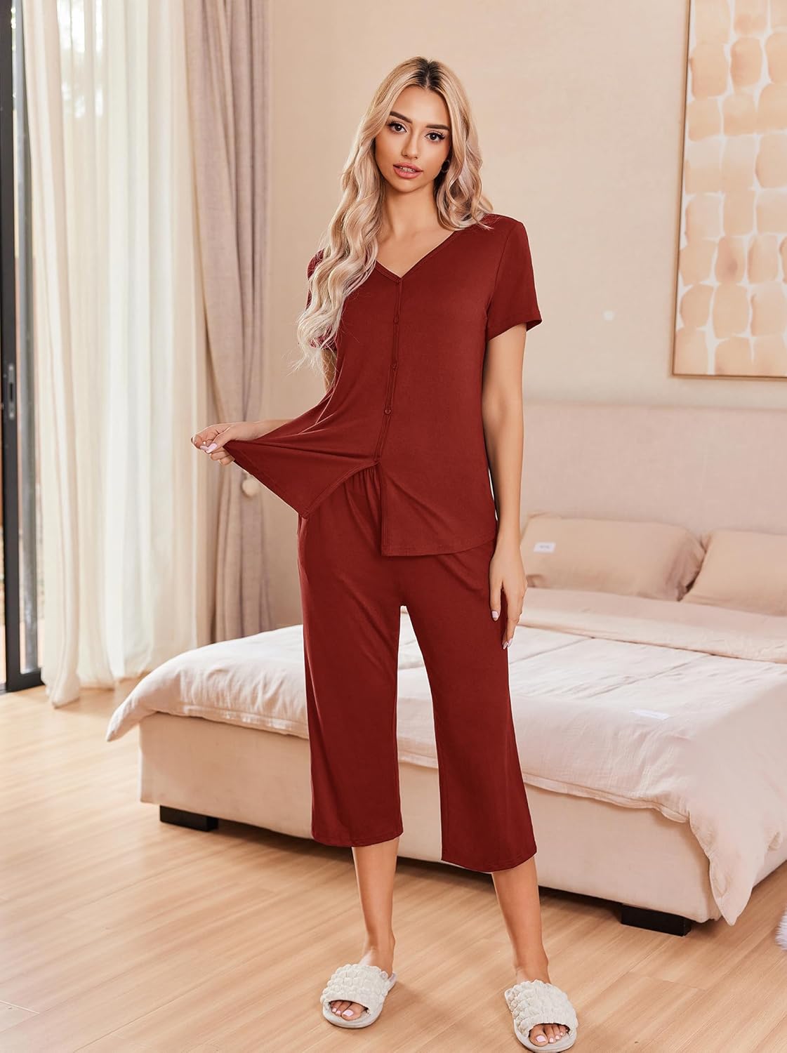 Wine red button-up pajama set with matching capri pants, short sleeves, front buttons