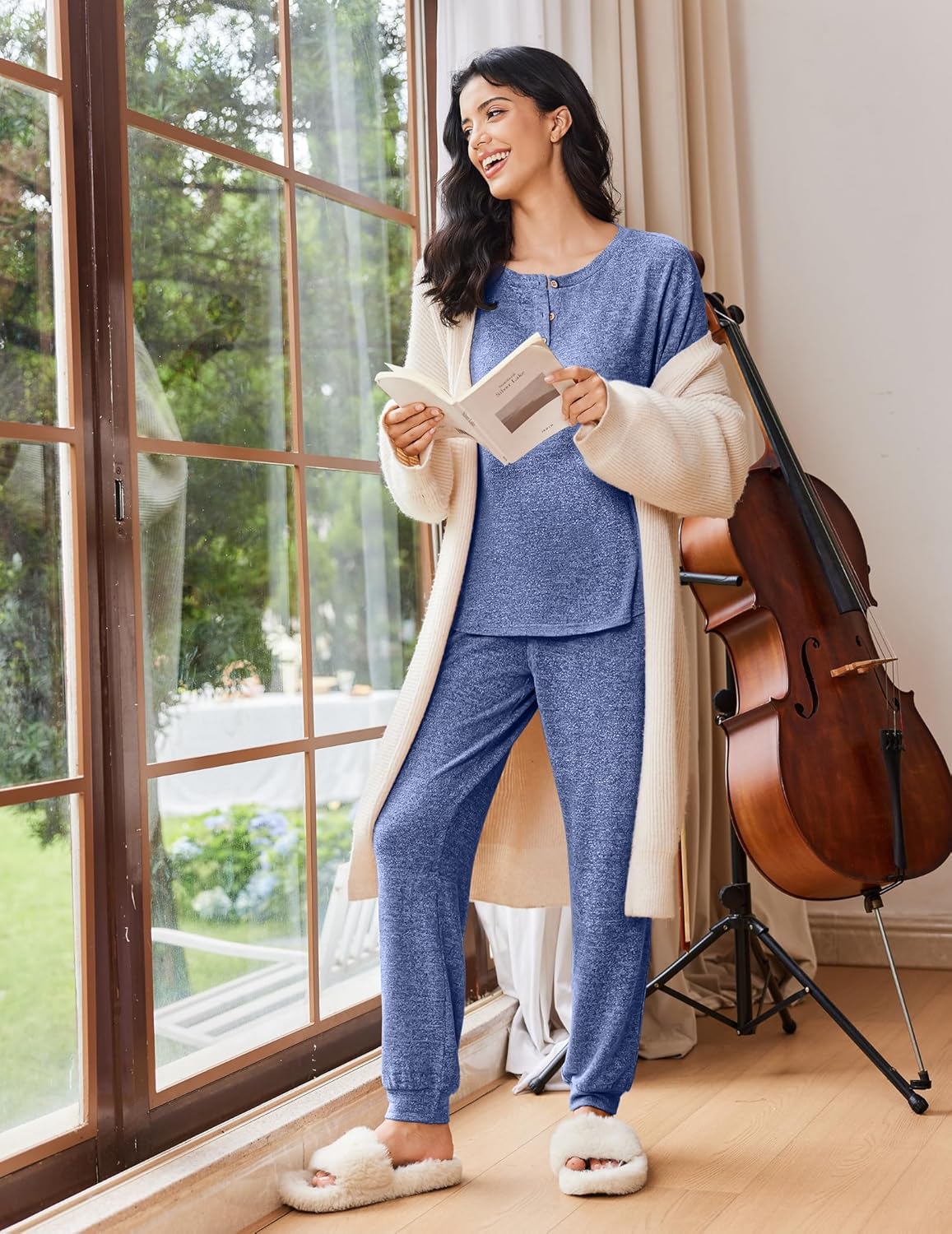 Ekouaer blau meliertes Langarm-Lounge-Set (2-teilig) mit Knopfleiste und Joggerhose