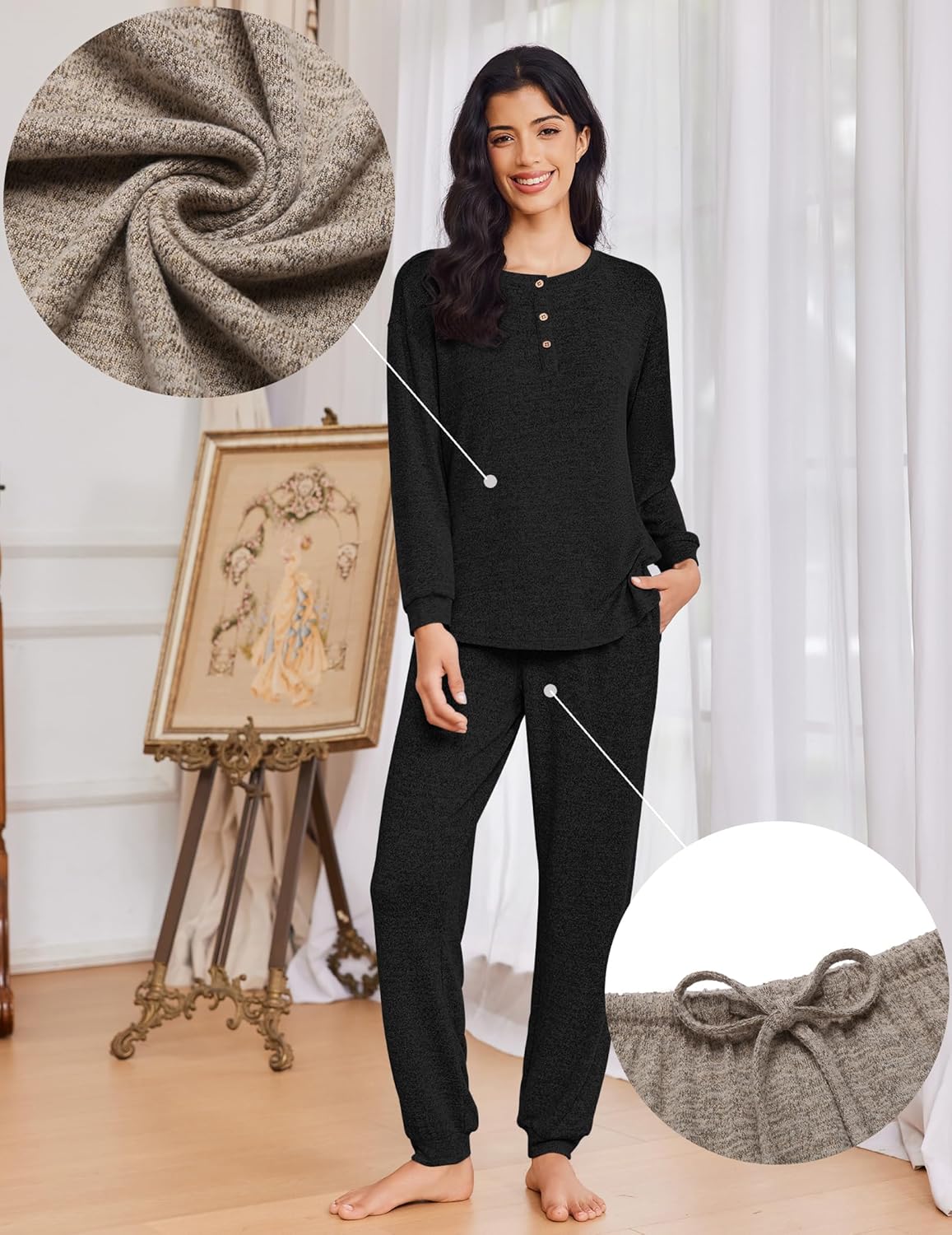 Ensemble pyjama noir 2 pièces, manches longues boutonnées, pantalon à cordon visible