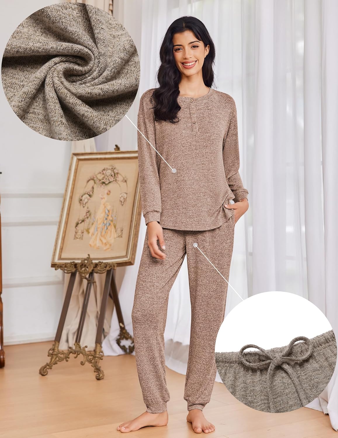 Taupe heather pajama set: long-sleeve top and drawstring pants, fabric texture detail