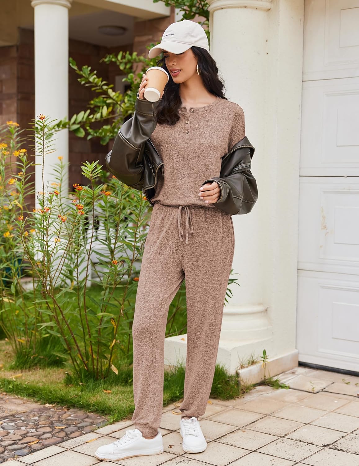 Taupe heather lounge set: long-sleeve henley top and matching jogger pants