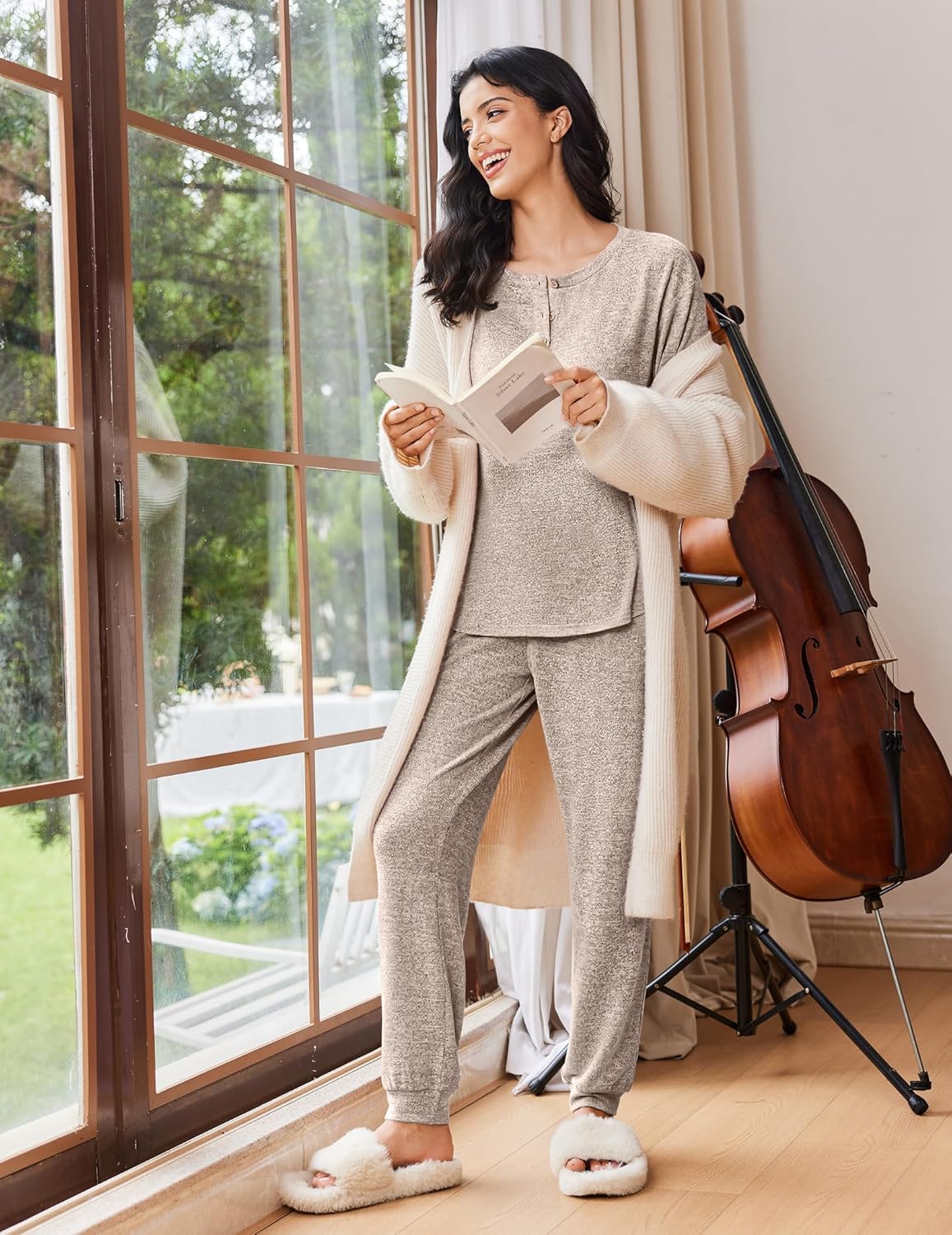 Taupe heather 2-piece pajama set: long-sleeve top and matching jogger pants