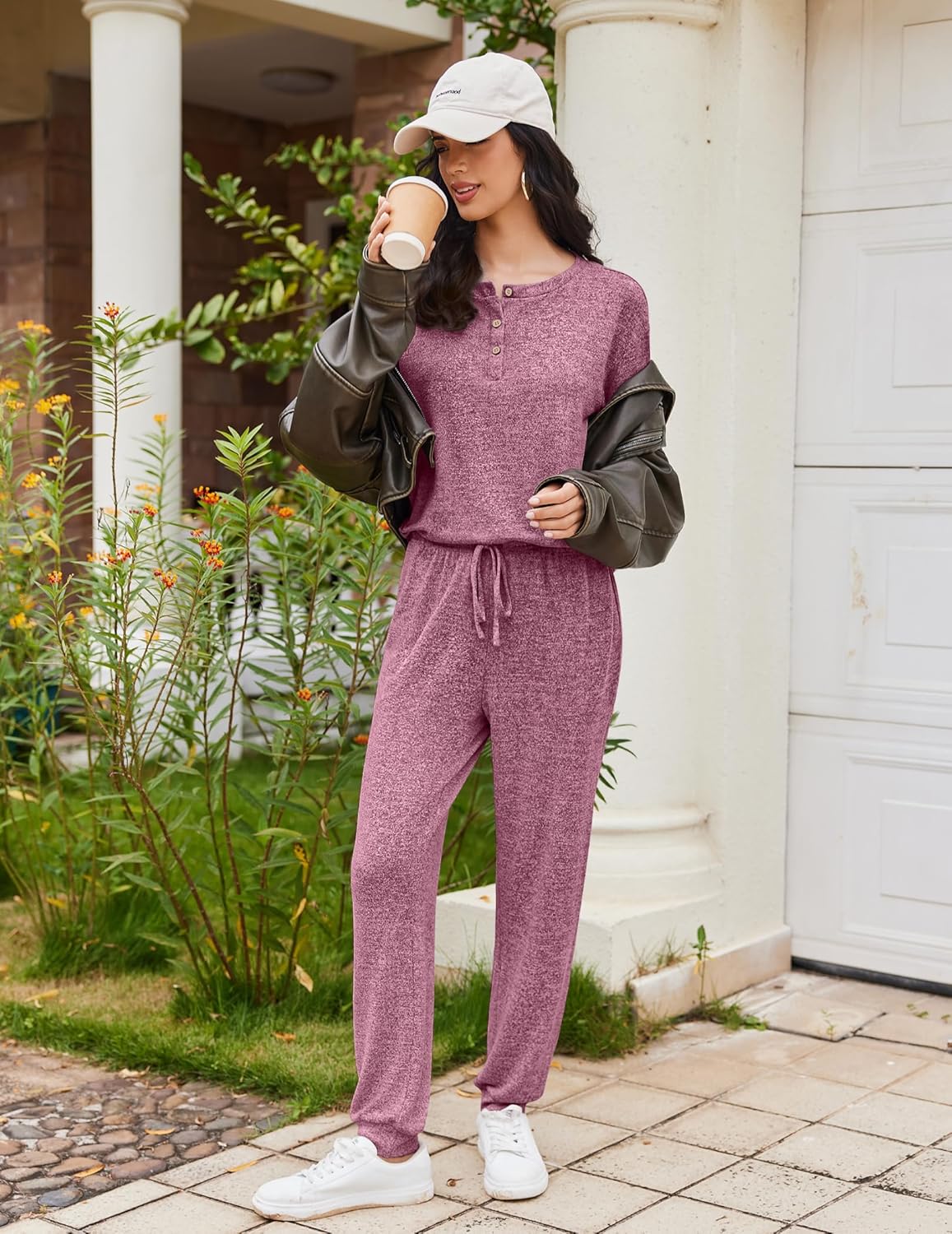 Ensemble pyjama manches longues violet chiné, encolure boutonnée, pantalon à cordon