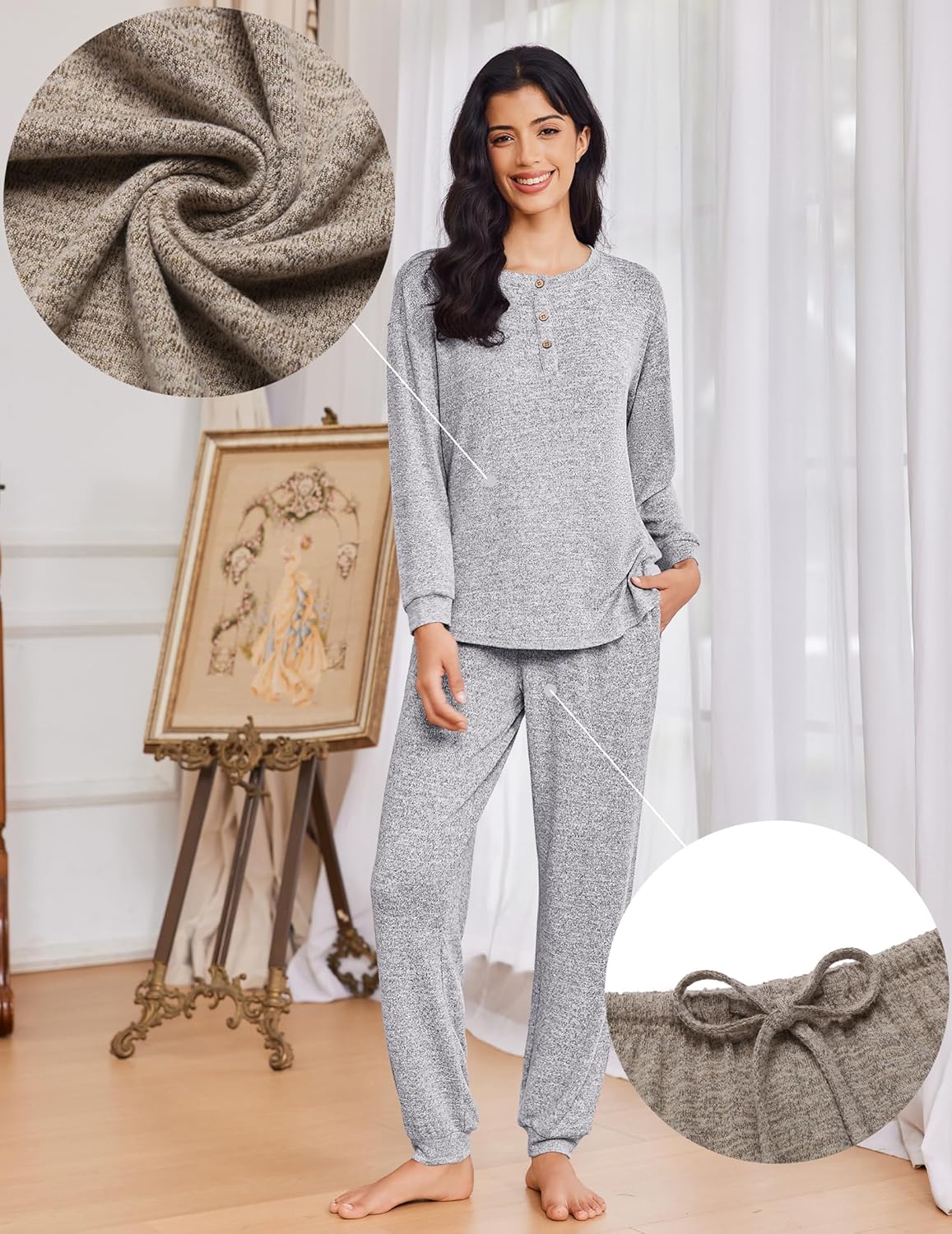 Hellgraues meliertes Pyjama-Set mit langen Ärmeln, Knopfleiste und Kordelzughose