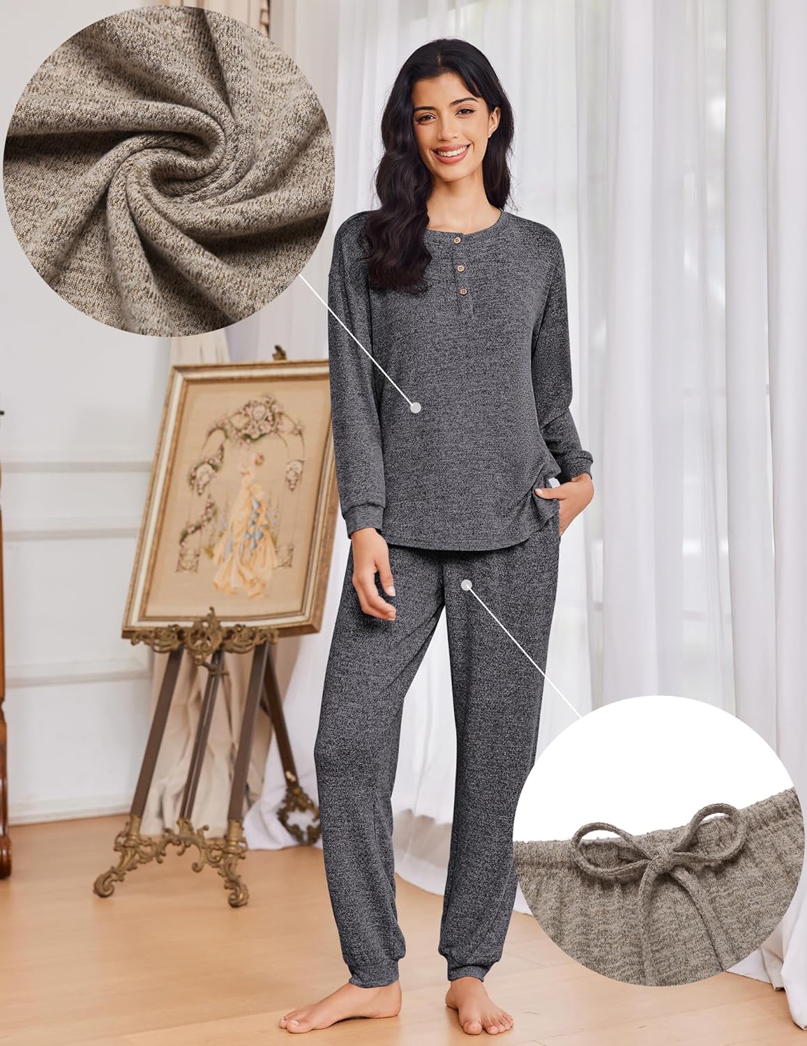 Dunkelgrau meliertes Pyjama-Set mit Knöpfen am Ausschnitt und schmal zulaufender Hose