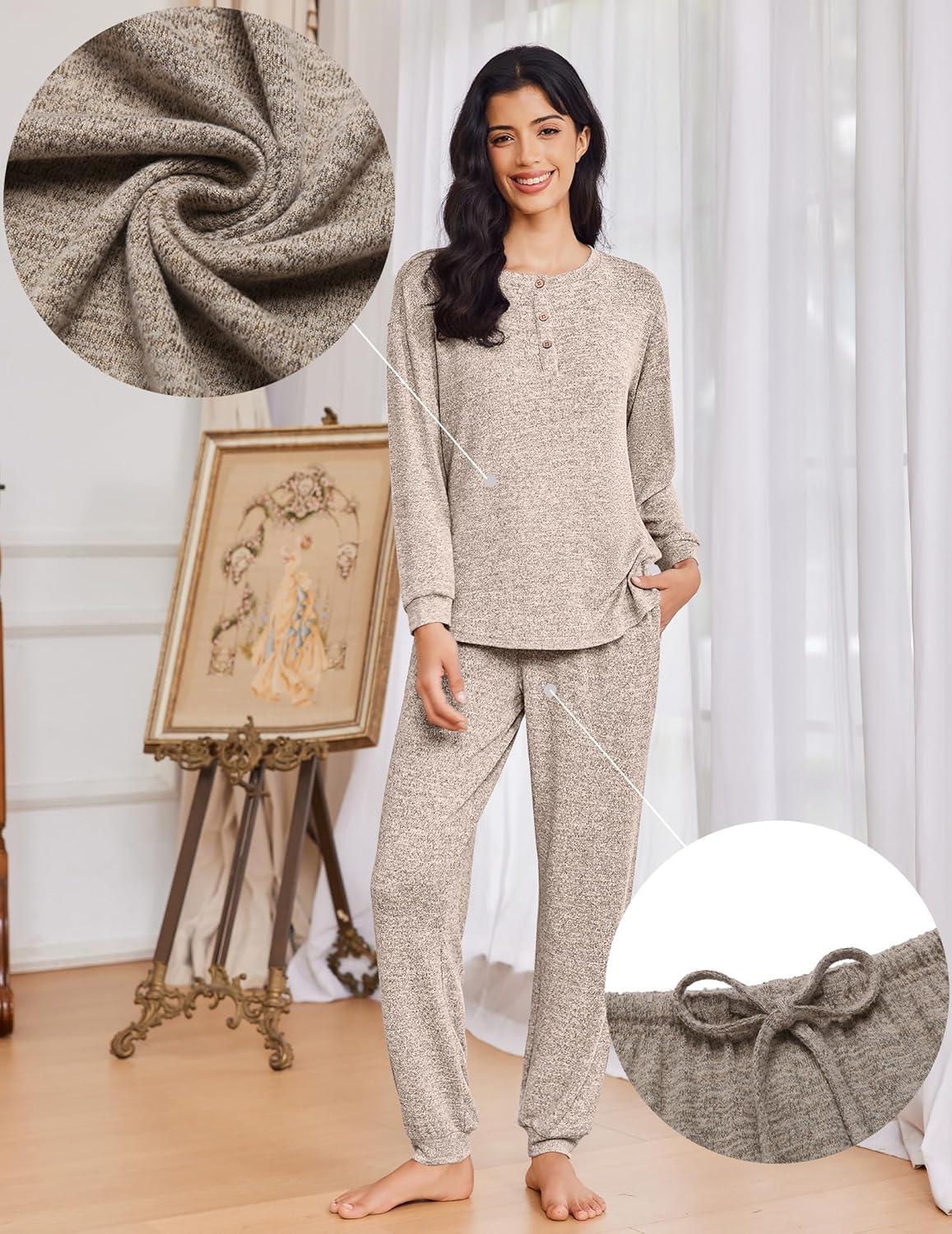 Pajama set 2 pièces à manches longues gris clair chiné, encolure boutonnée, pantalon à cordon
