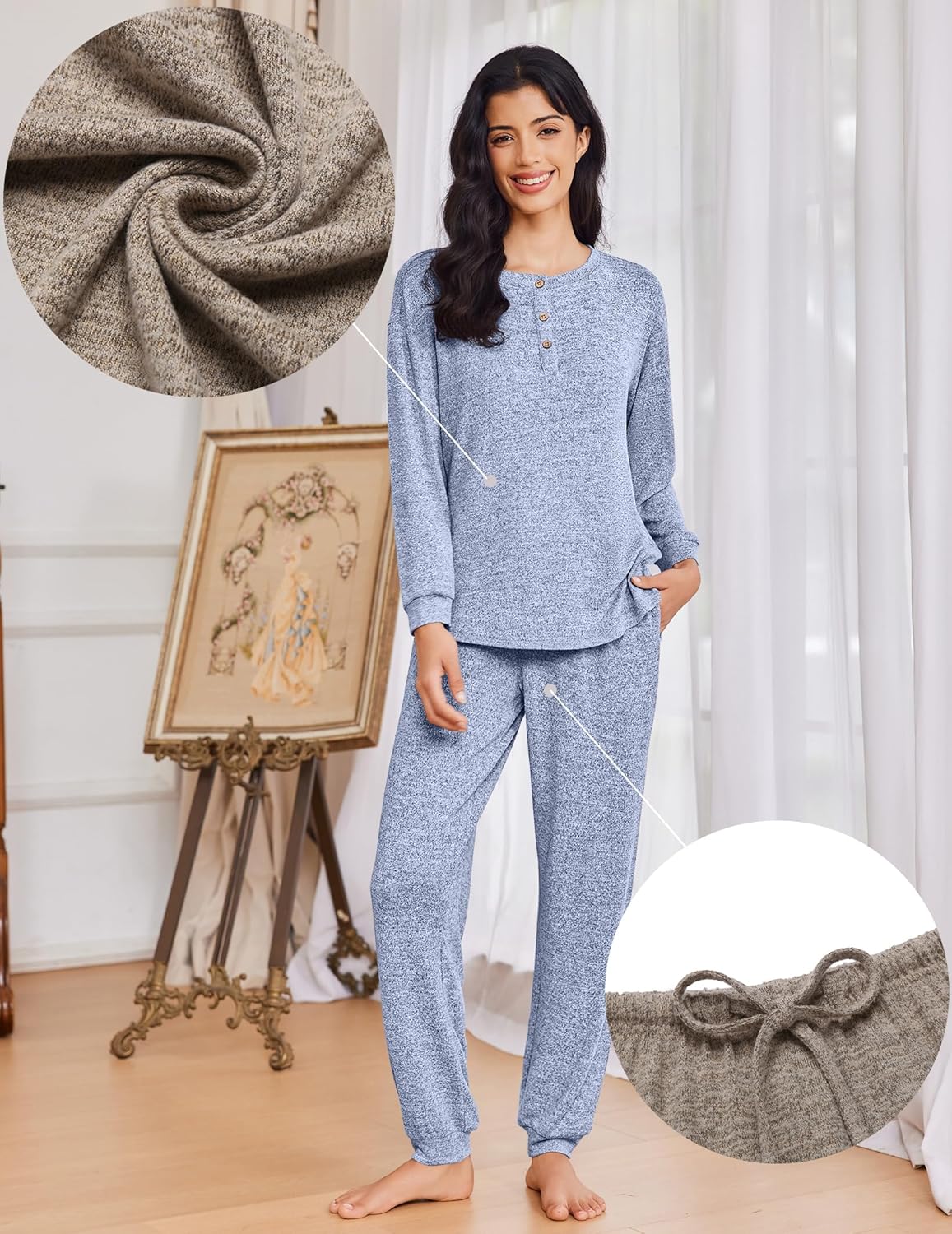 Light blue heather pajama set: long-sleeve henley top with drawstring pants (fabric detail)