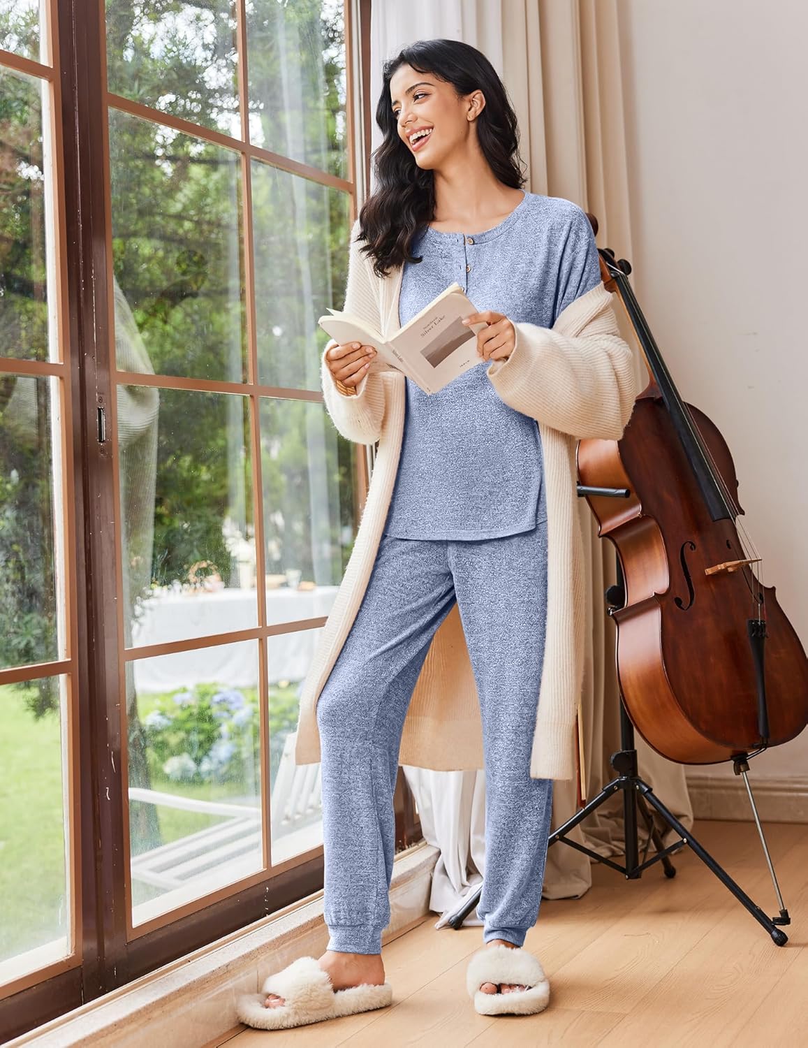 Heather blue 2-piece pajama set: long-sleeve henley top with matching jogger pants