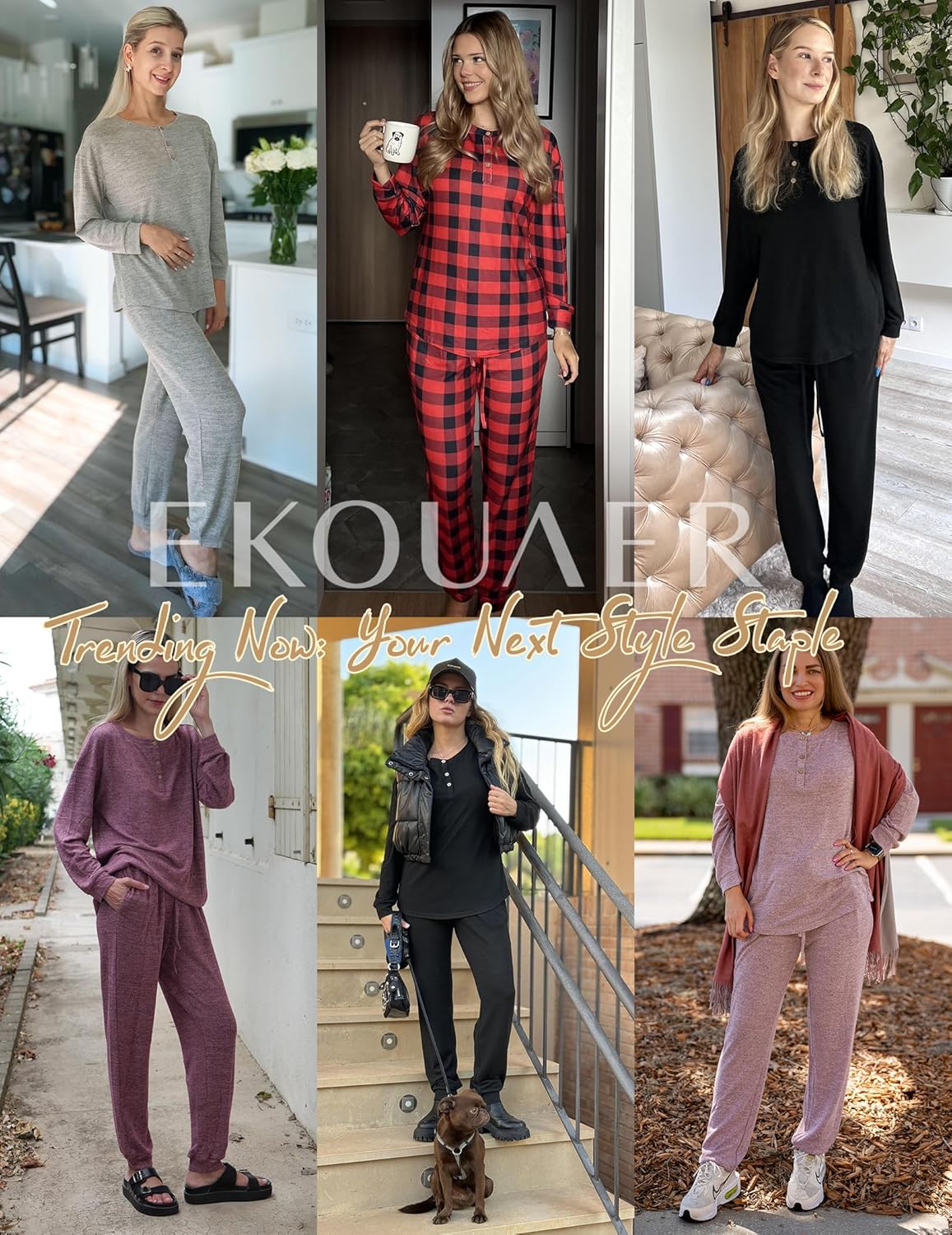 2-piece long-sleeve pajama set in multiple colors: henley top and matching jogger pants