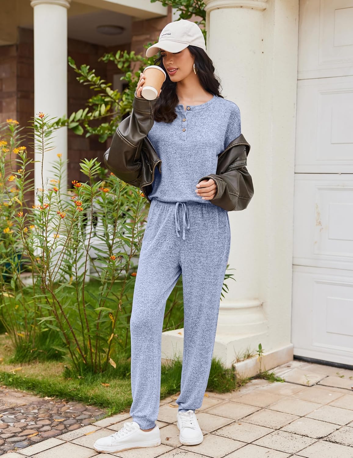 Blue heather lounge set: long-sleeve henley top and drawstring sweatpants