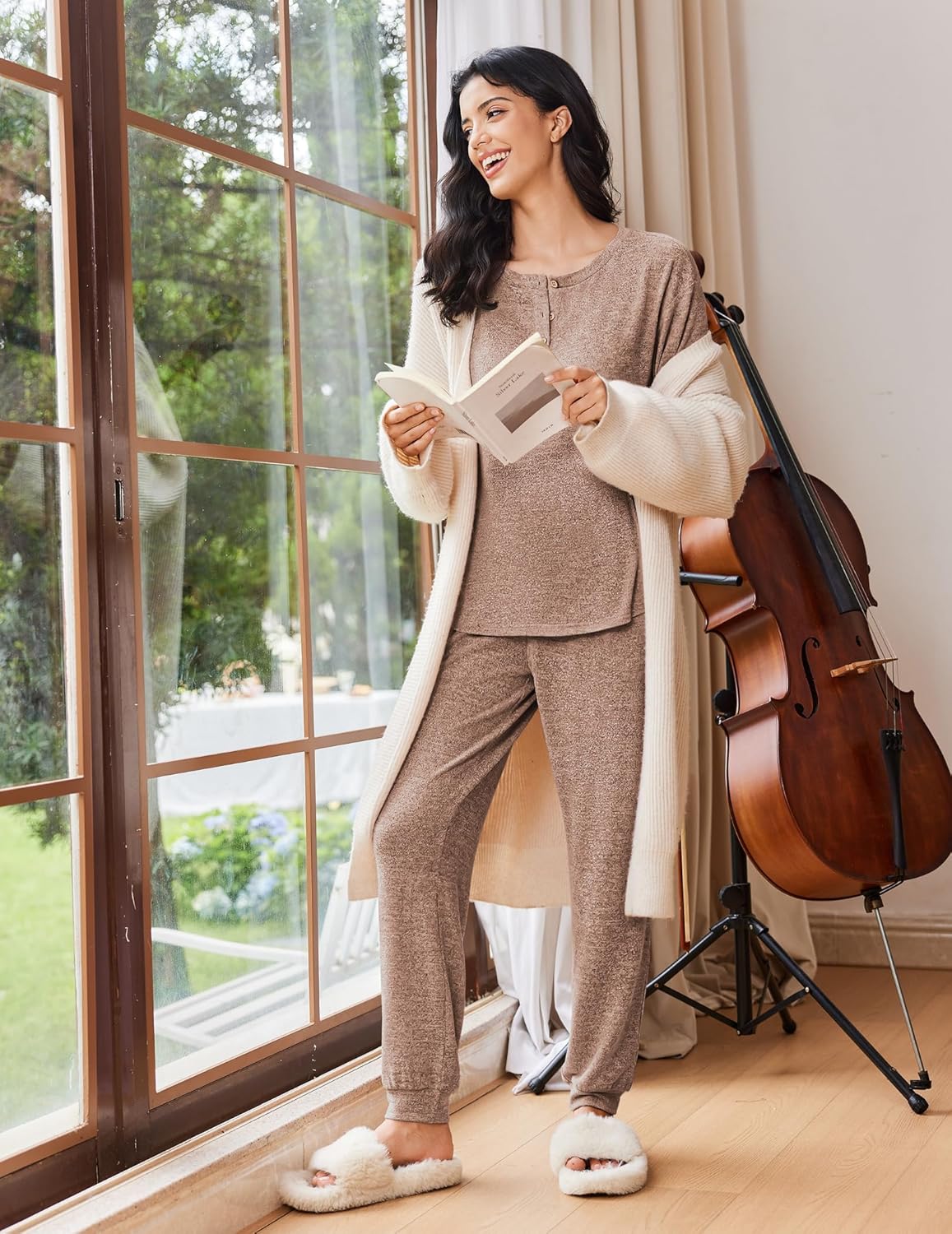 Taupe heather 2-piece pajama set: long-sleeve henley top and matching jogger pants