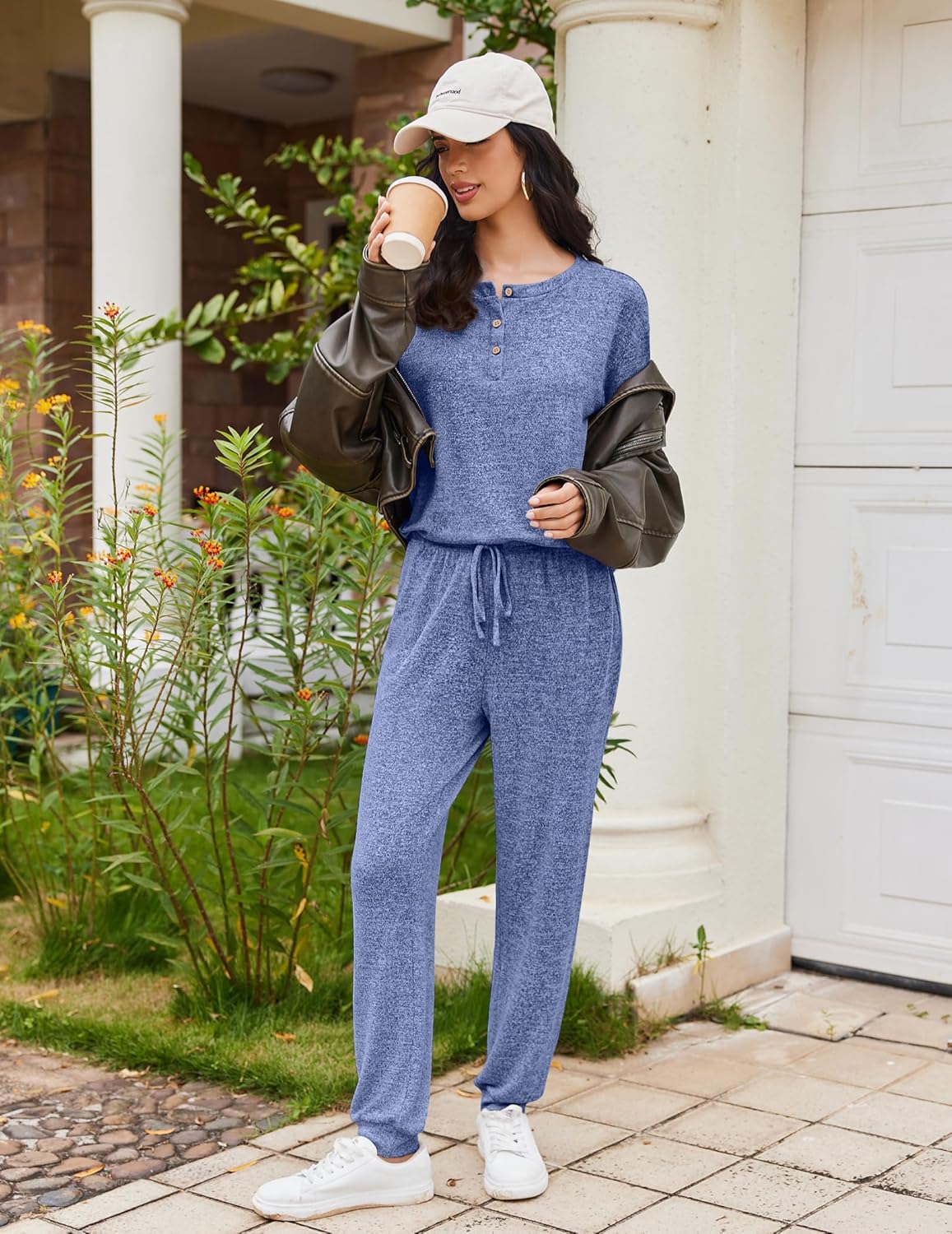 Blau meliertes 2-teilges Lounge-Set mit Langarmoberteil und lockerer Joggerhose