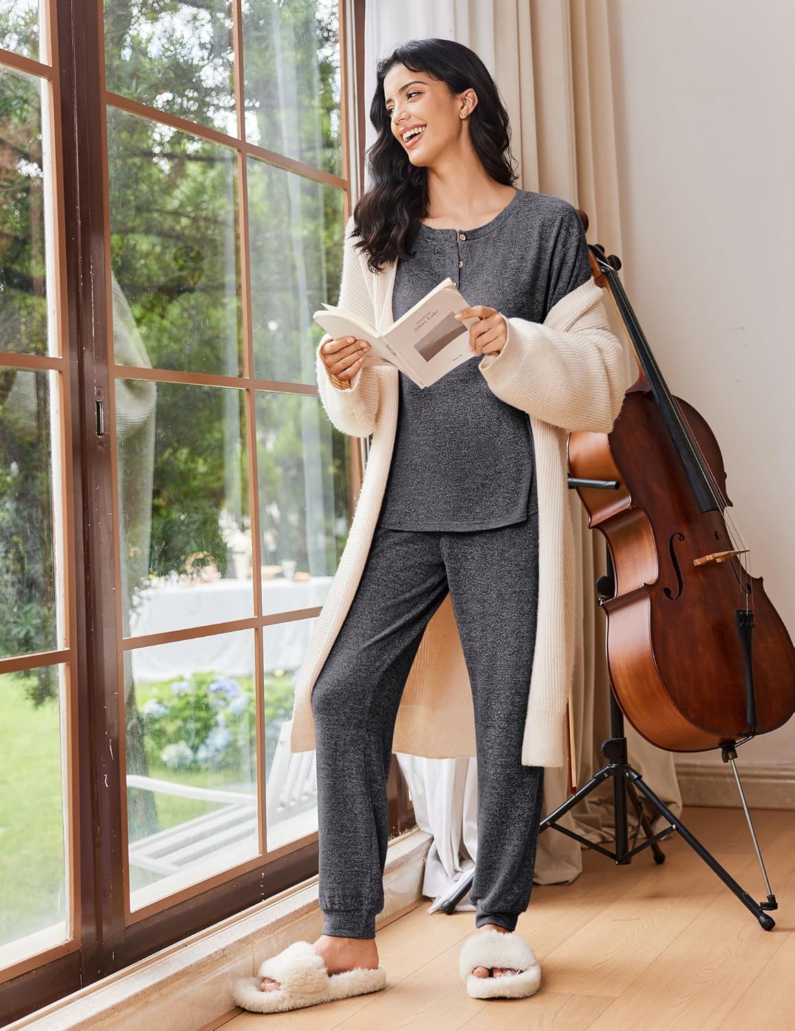 Dunkelgraues meliertes Langarm-Lounge-Set (2-teilig) mit Knopfleiste und Joggerhose