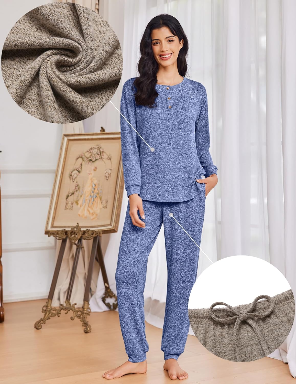 Blau meliertes 2-teilges Schlafanzug-Set mit Knöpfen am Rundhalsausschnitt, Joggerhose