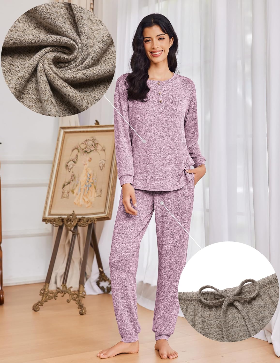 Ensemble pyjama 2 pièces violet clair chiné, manches longues boutonnées, pantalon à cordon
