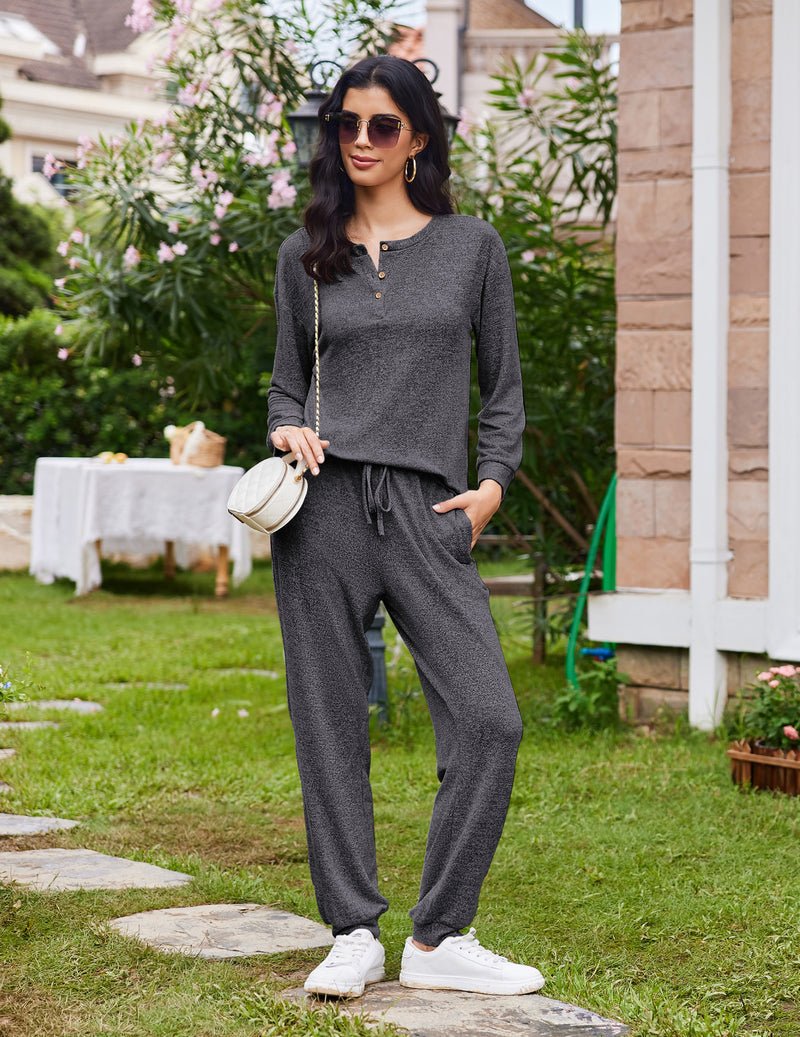 Dark grey heather 2-piece pajama set with buttoned henley long sleeves and drawstring jogger pants