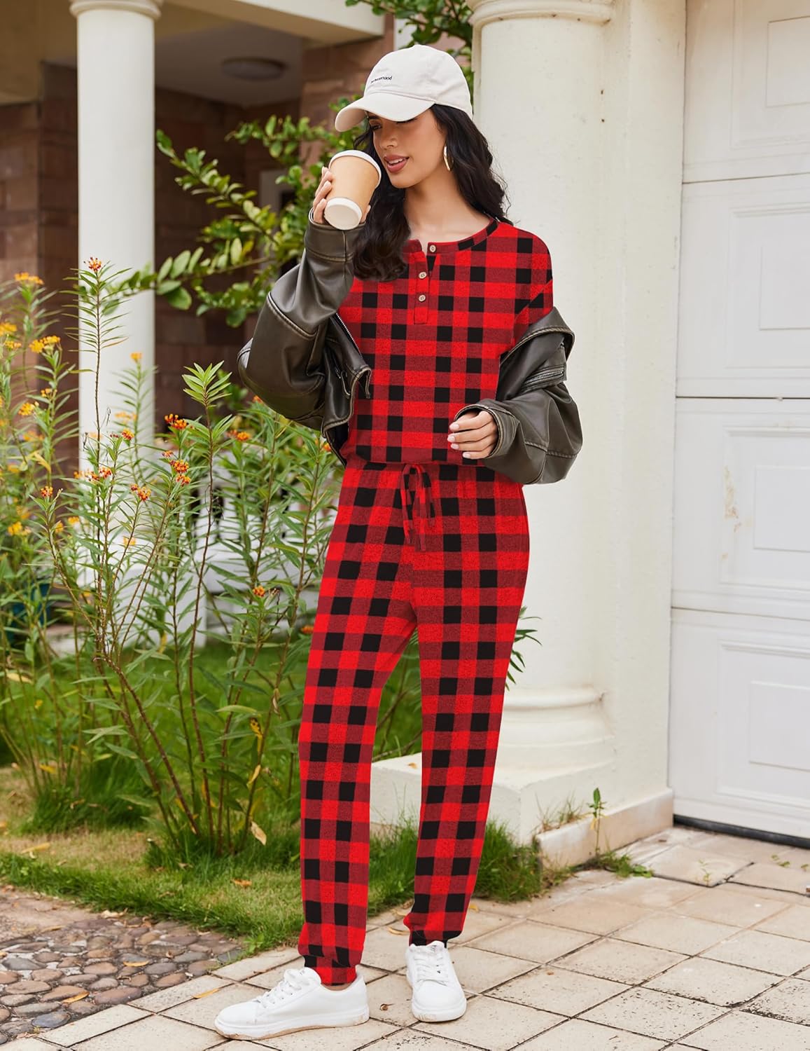 Red and black plaid pajama set: long-sleeve henley top and tapered drawstring lounge pants