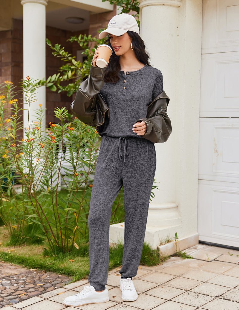 Dark grey 2-piece pajama set: long-sleeve henley top and relaxed drawstring lounge pants