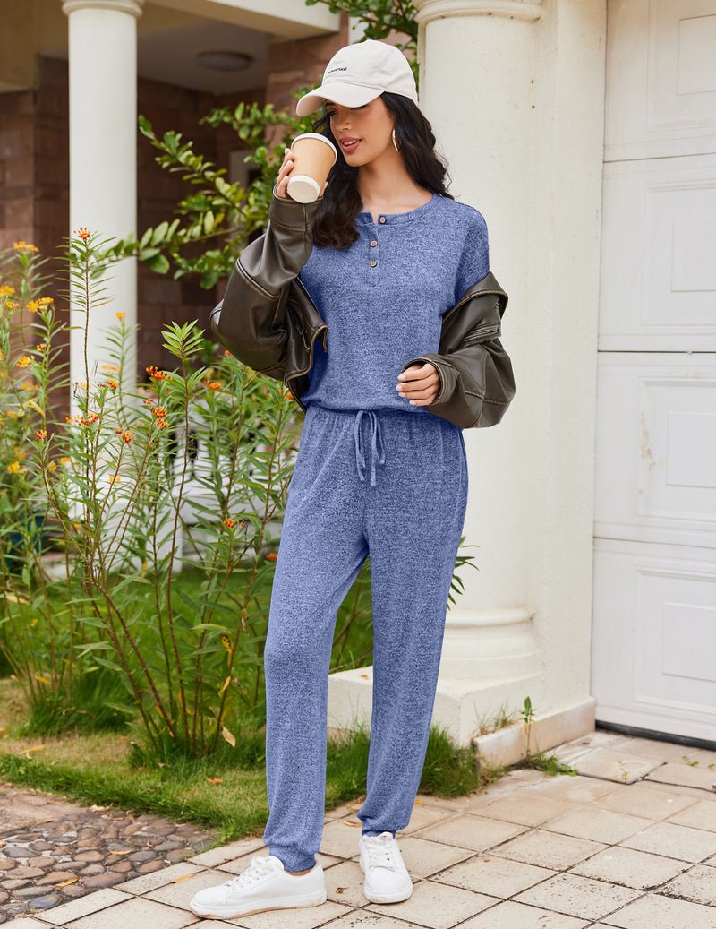 Light blue heather 2-piece pajama set: long-sleeve henley top and drawstring lounge pants
