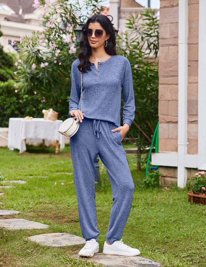 Light blue heather 2-piece pajama set: long-sleeve henley top with drawstring pants
