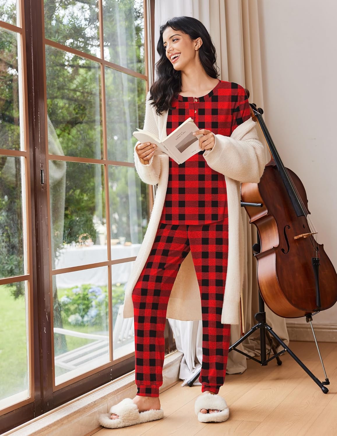 Red and black plaid 2-piece pajama set: henley long sleeve top and matching lounge pants