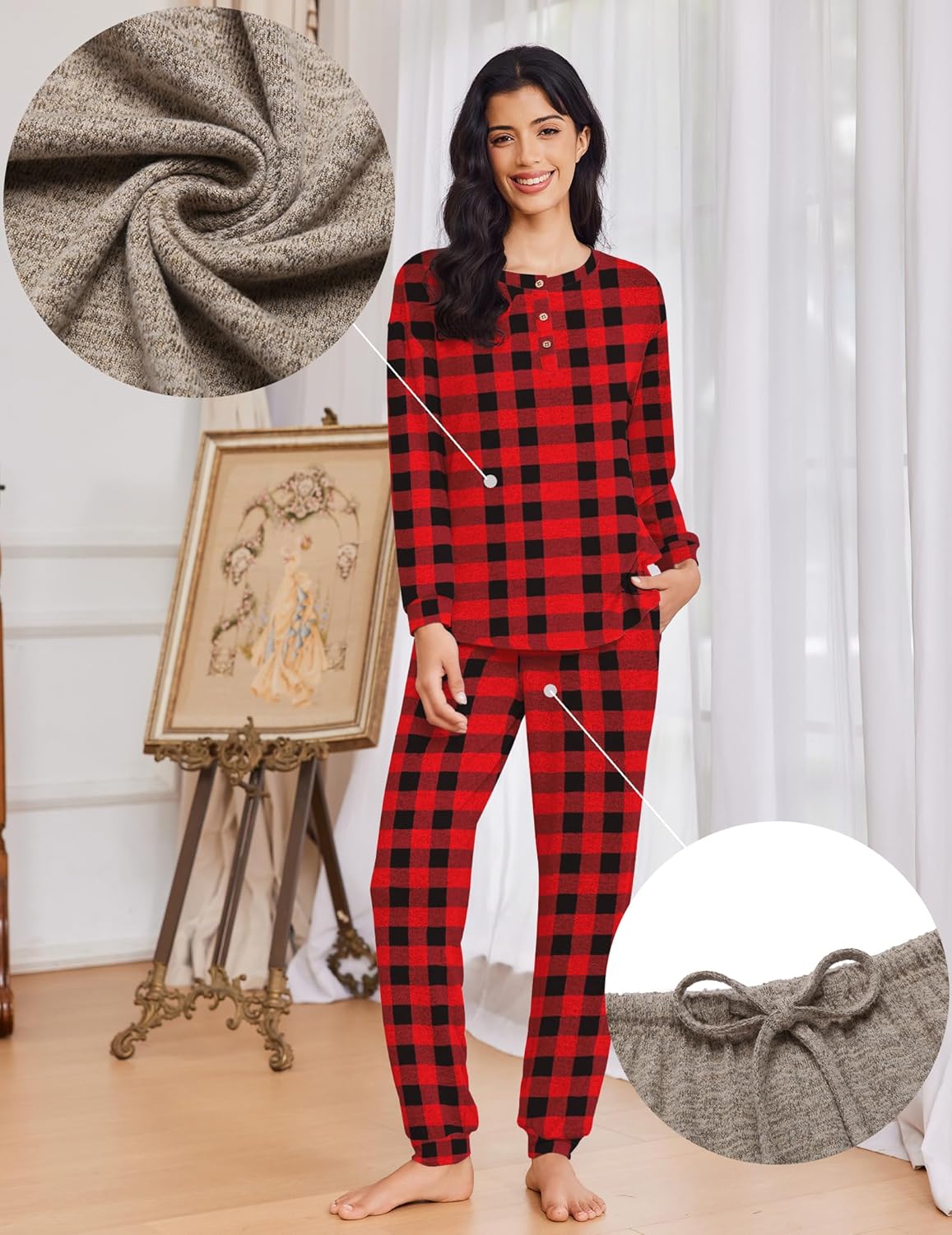 Red and black plaid pajama set; long-sleeve henley top and drawstring pants (fabric detail)