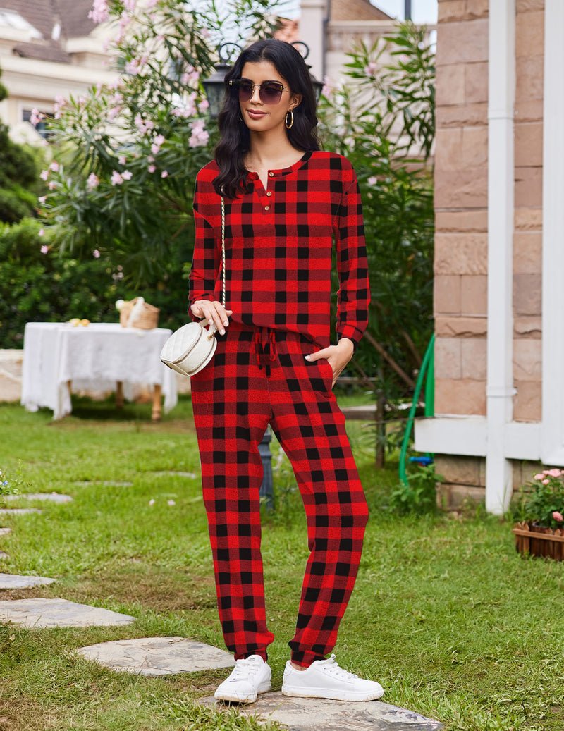 Red and black plaid 2-piece pajama set: long-sleeve henley top and drawstring pants