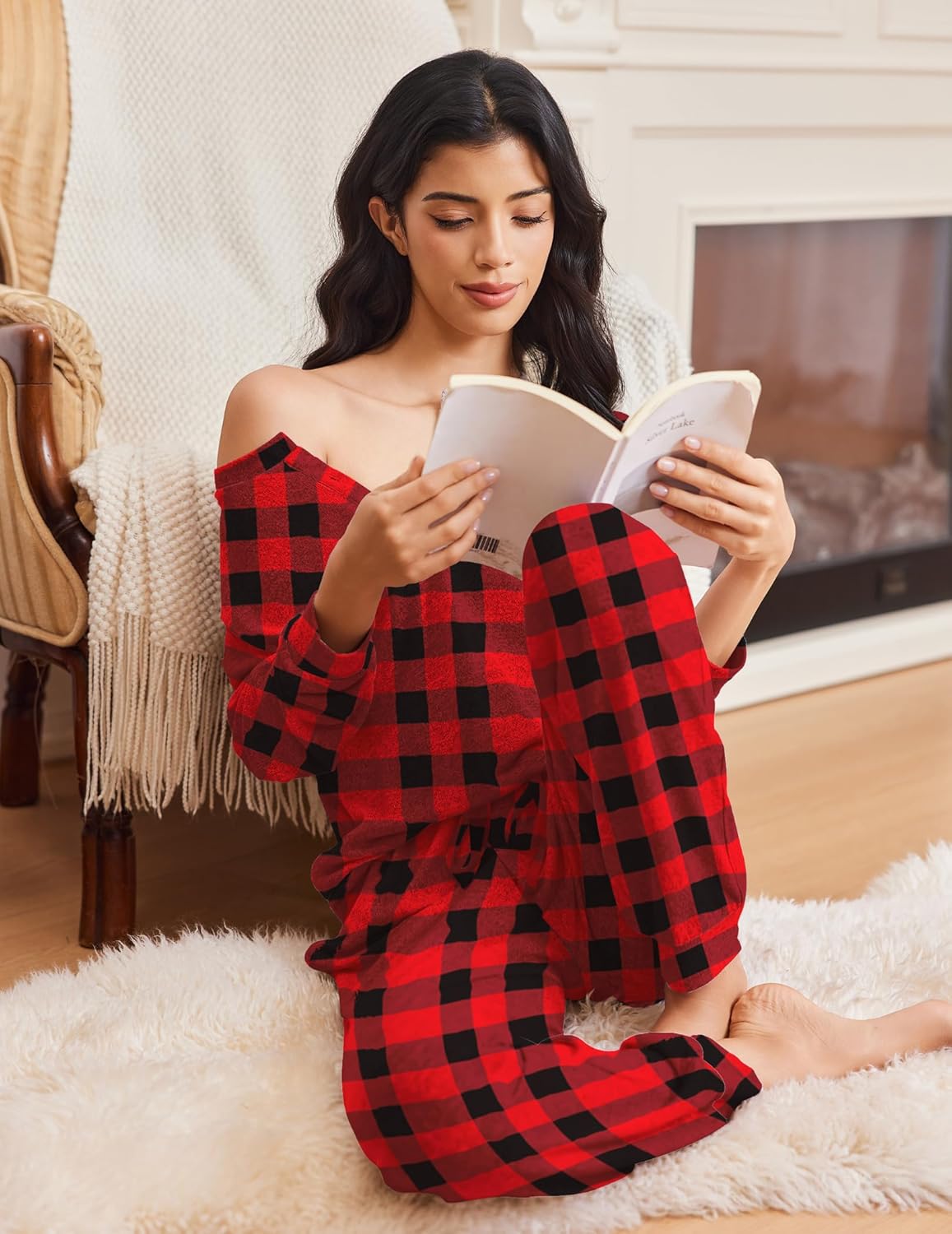 Red and black plaid long-sleeve pajama set with button henley top and matching drawstring pants
