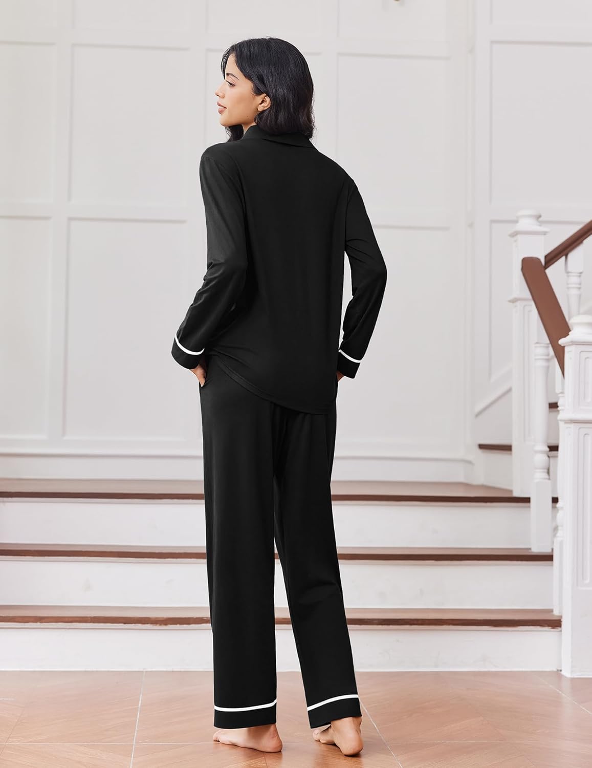 Pajama set noir dos: chemise boutonnée manches longues et pantalon long liseré