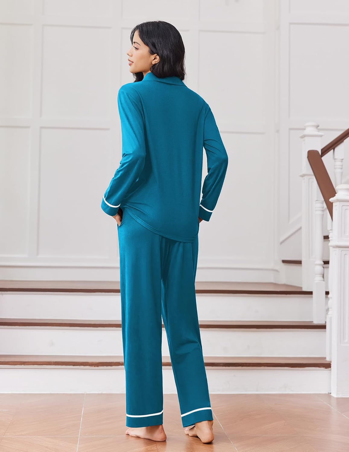 Turquoise long-sleeve button-down pajama set with matching pants and contrast edge trim