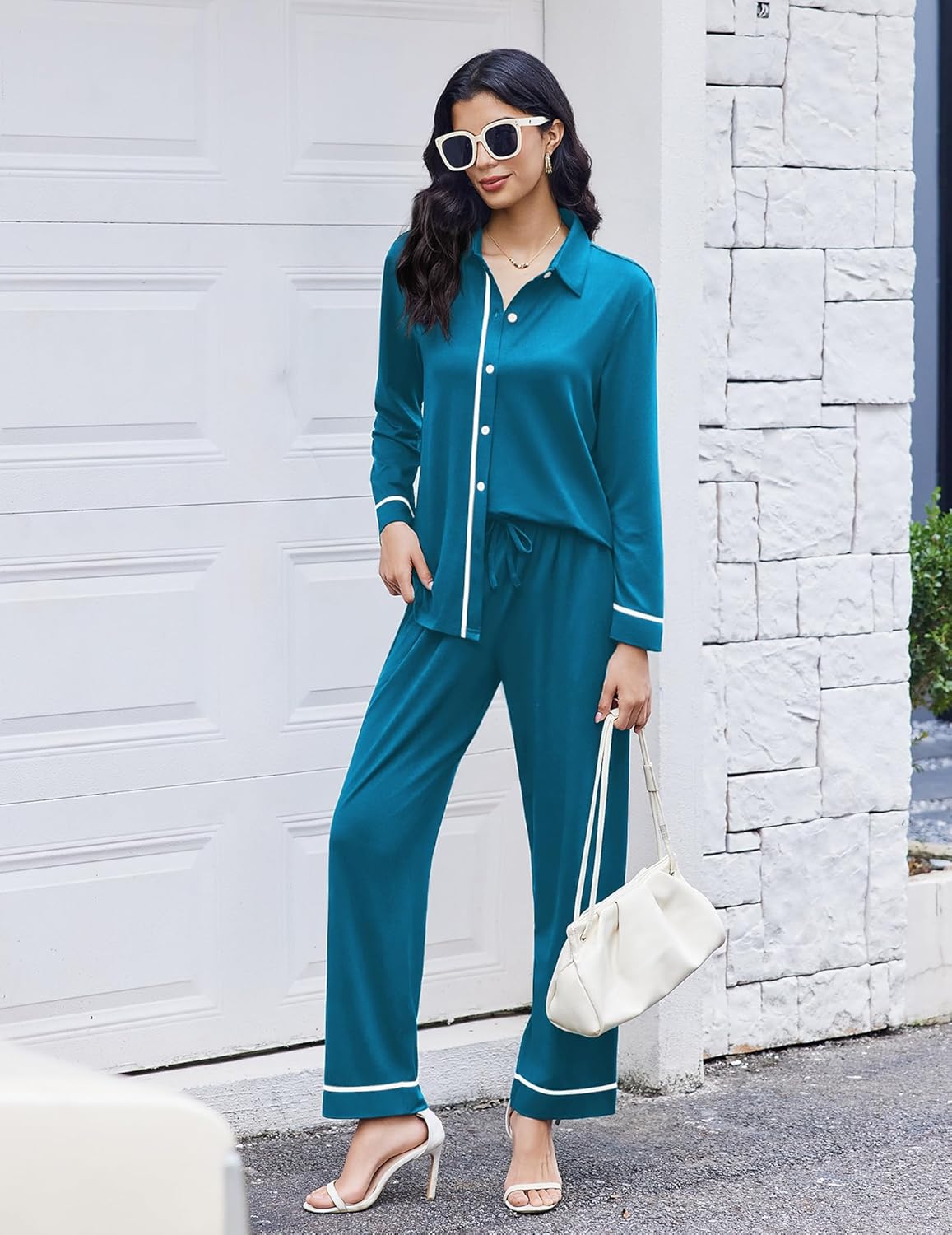 Blue-green 2-piece pajama set with long button-front top and cuffed trousers