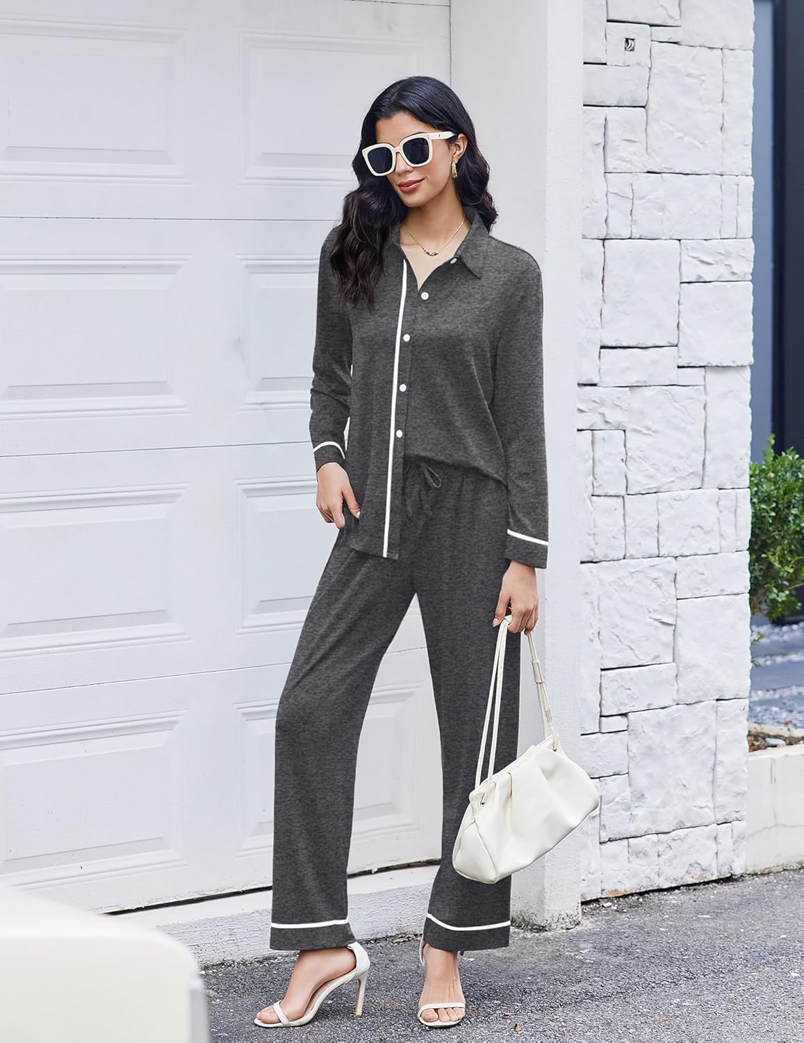Dark grey pajama set side view, long sleeves with button front and wide-leg pants