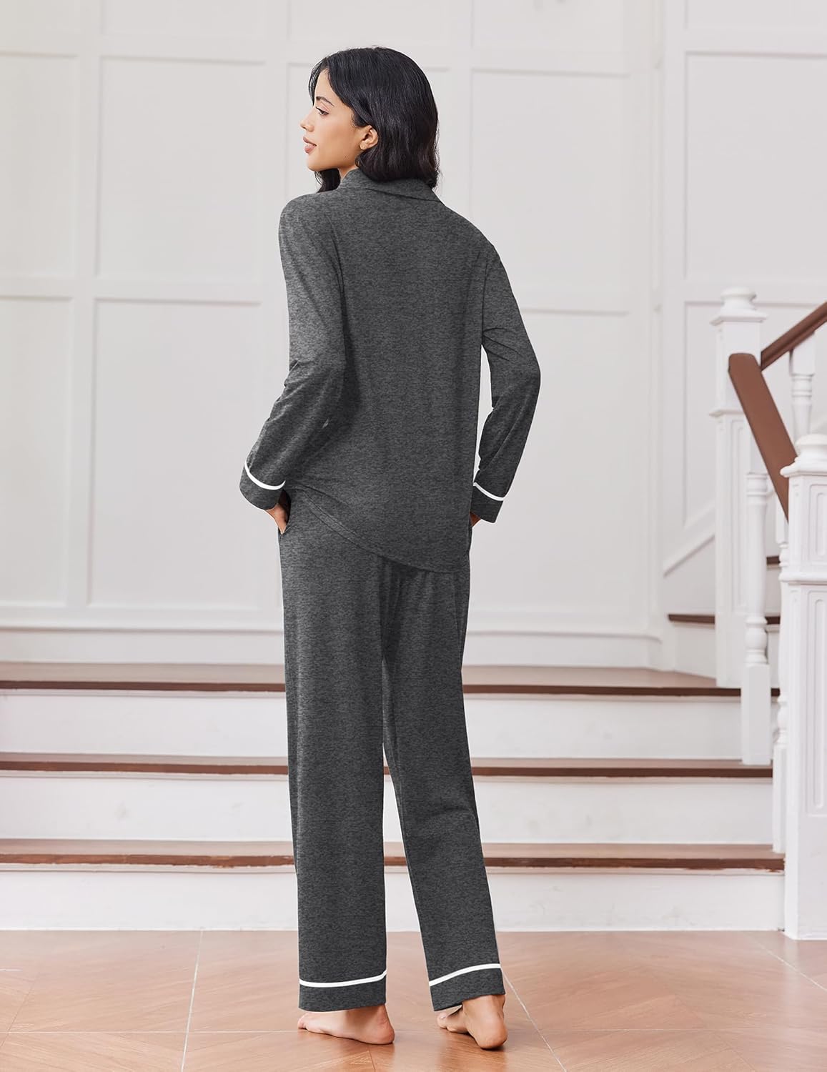 Dark grey button-down long-sleeve pajama set with matching pants and white trim