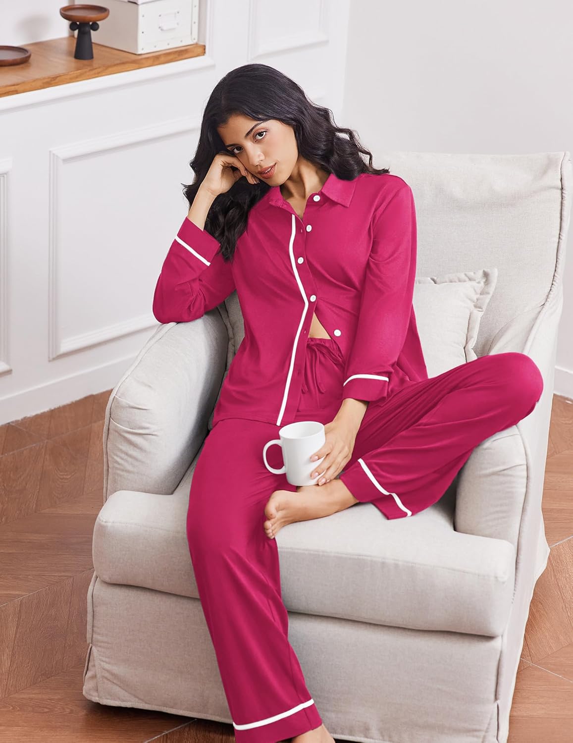 Fuchsia pink long-sleeve pajama set with button front, drawstring waist, and cuffs