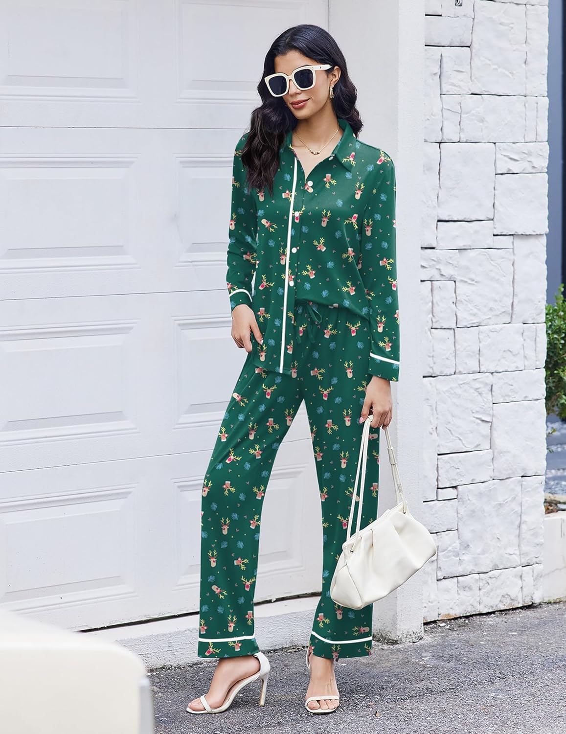 Green holiday button-down pajama set with long sleeves and matching long pants