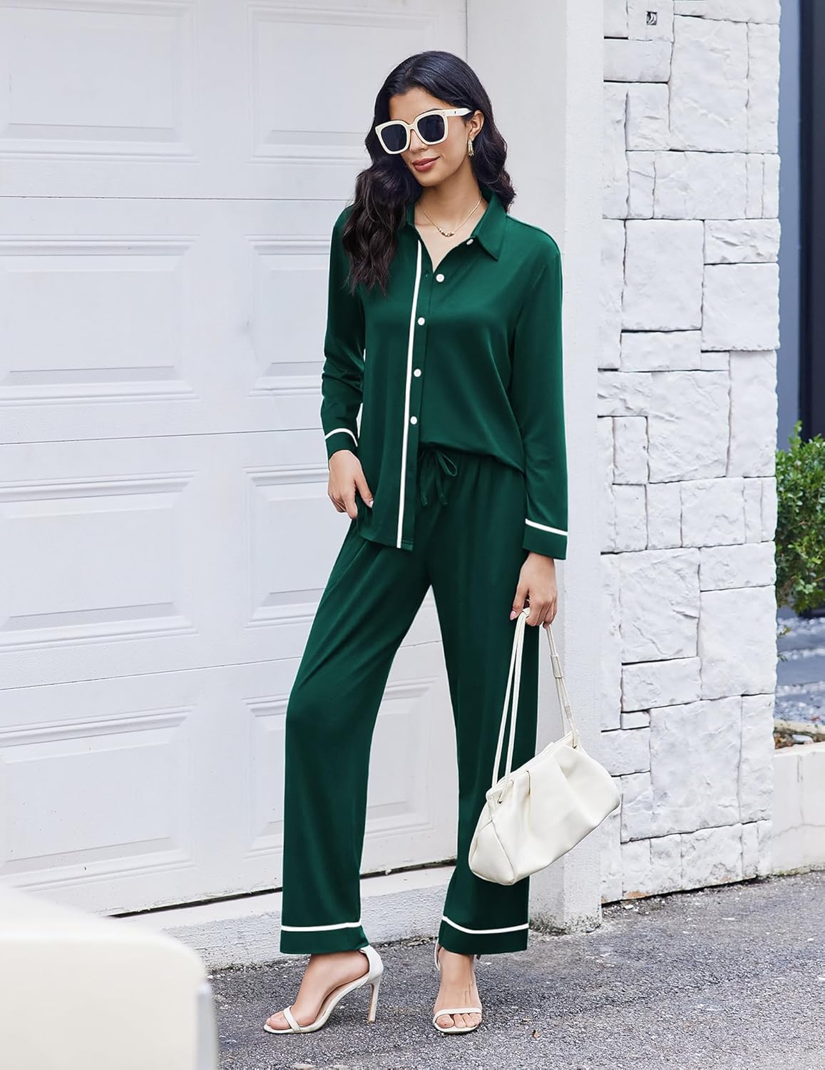 Deep green pajama set with long button-down shirt and cuffed trousers with trim