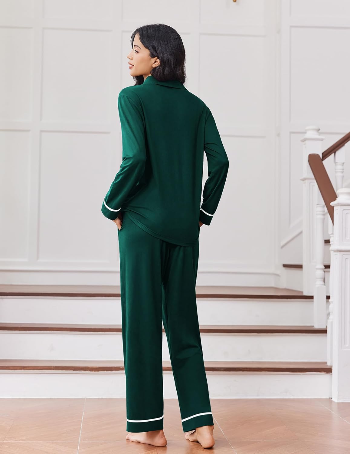 Dark green long-sleeve button-up pajama set with matching straight-leg pants