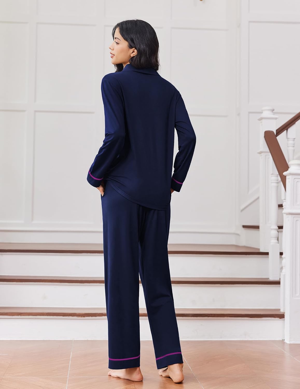 Navy long-sleeve button-down pajama set with matching trousers and contrast trim